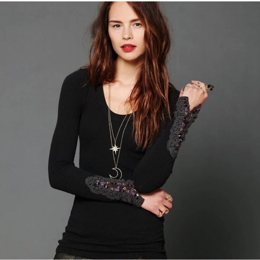 Free People RARE Black Fiesta Cuff Thermal Top XS